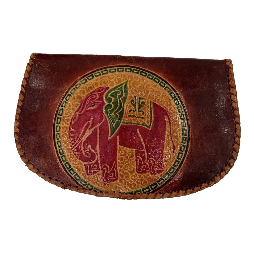 Vintage Tooled Leather Wallet Elephant 70s Boho Hippie Pouch Cards Embossed